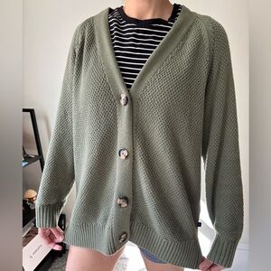 Cottagecore Light Olive Green  Midi Cotton Knitwear Grandmacore Cardigan - Large